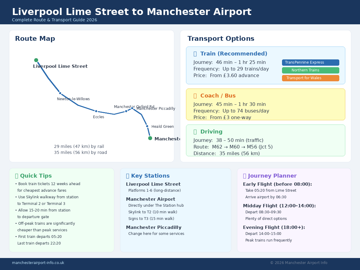 Route map and transport guide showing how to travel from Liverpool Lime Street station to Manchester Airport by train bus or car with journey times fares train operators and key stops including Newton-le-Willows Eccles Manchester Piccadilly and Heald Green