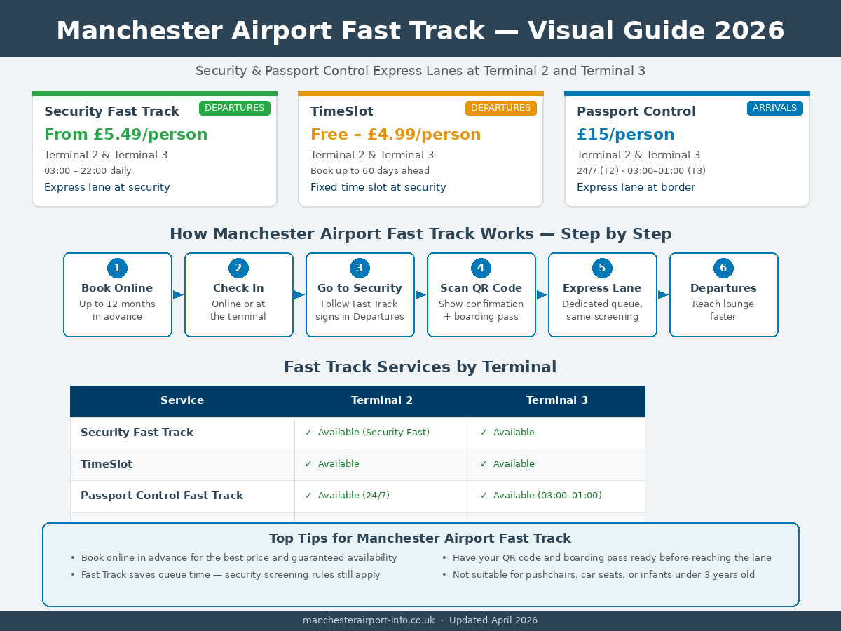 Manchester Airport security fast track visual guide 2026 showing express lane options from £5.49 per person, TimeSlot service, and Passport Control Fast Track at Terminal 2 and Terminal 3, with step-by-step booking process and terminal comparison table