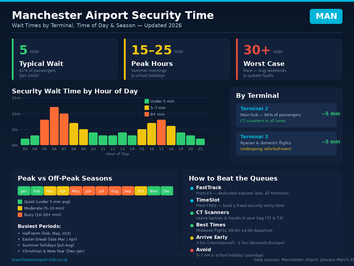 Manchester Airport security time infographic 2026 showing typical wait times of 5 minutes for 91 percent of passengers, peak hour waits of 15 to 25 minutes, bar chart of wait times by hour of day, Terminal 2 and Terminal 3 comparison, peak and off-peak season calendar, and FastTrack and TimeSlot tips