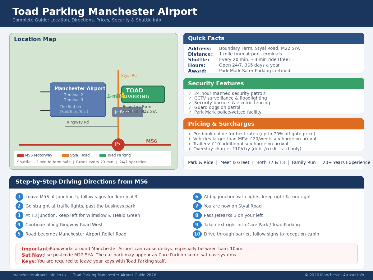 Toad Parking Manchester Airport infographic showing location map on Styal Road near M56 Junction 5, driving directions in 10 steps, quick facts including M22 5YA postcode and 3-minute shuttle ride, security features with Park Mark certification, and pricing details for 2026